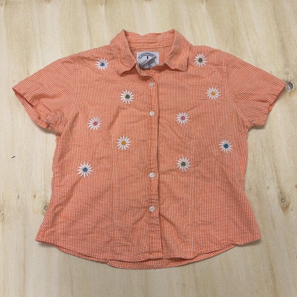Vintage Solutions Button Up Shirt Womens Medium Orange Gingham Embroidered Daisy